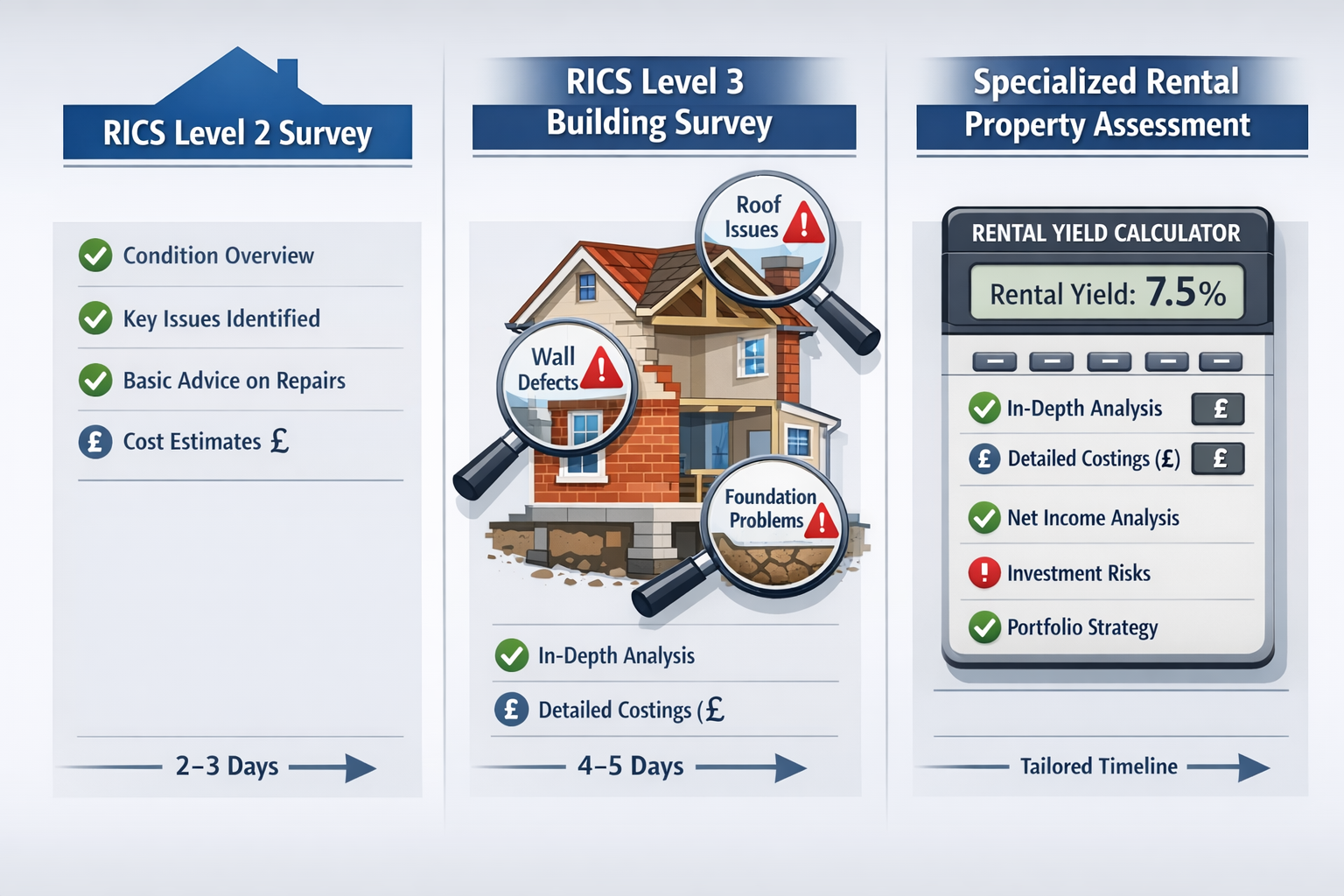 () detailed infographic showing three-column comparison chart of different building survey types for rental properties. Left