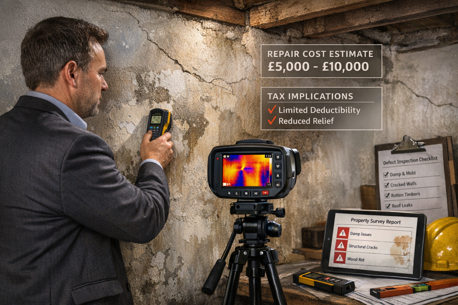 () photorealistic scene showing property surveyor conducting detailed structural inspection inside rental property.