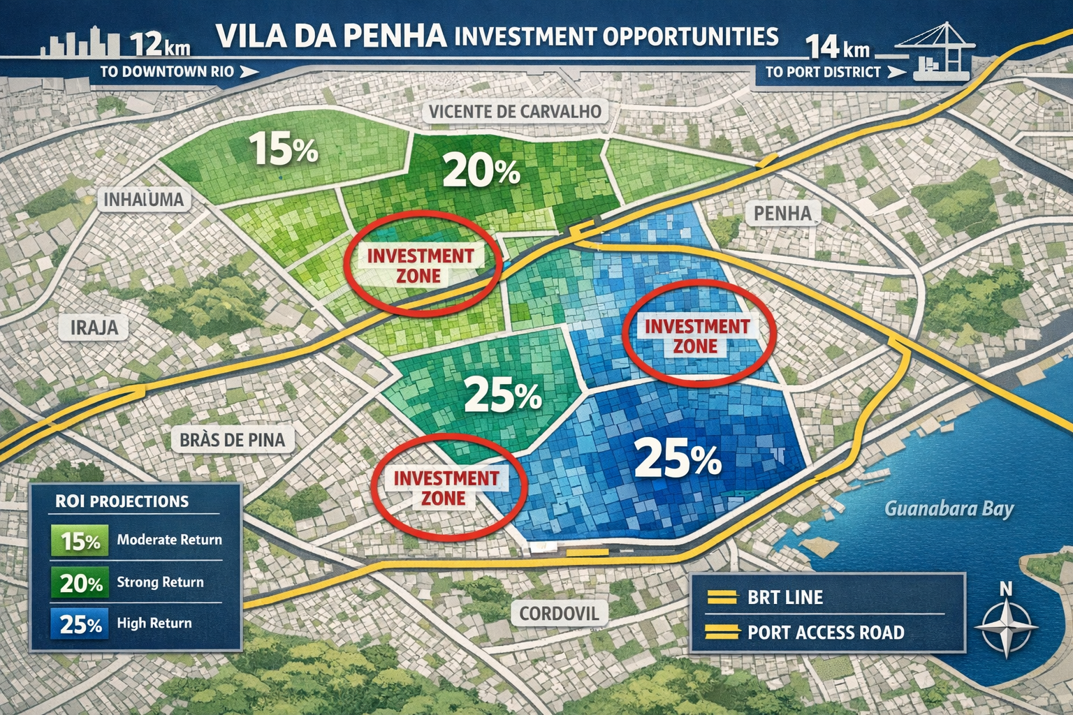 () detailed infographic showing Vila da Penha neighborhood map with highlighted zones marked by percentage price increases