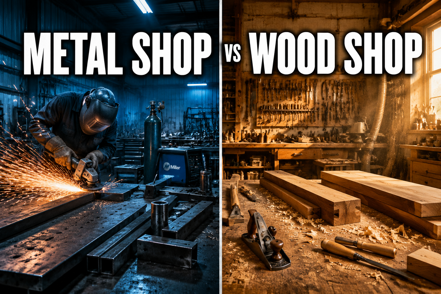 Professional () hero image with : 'Metal Shop vs Wood Shop' in extra large white with dark drop , centered upper third.