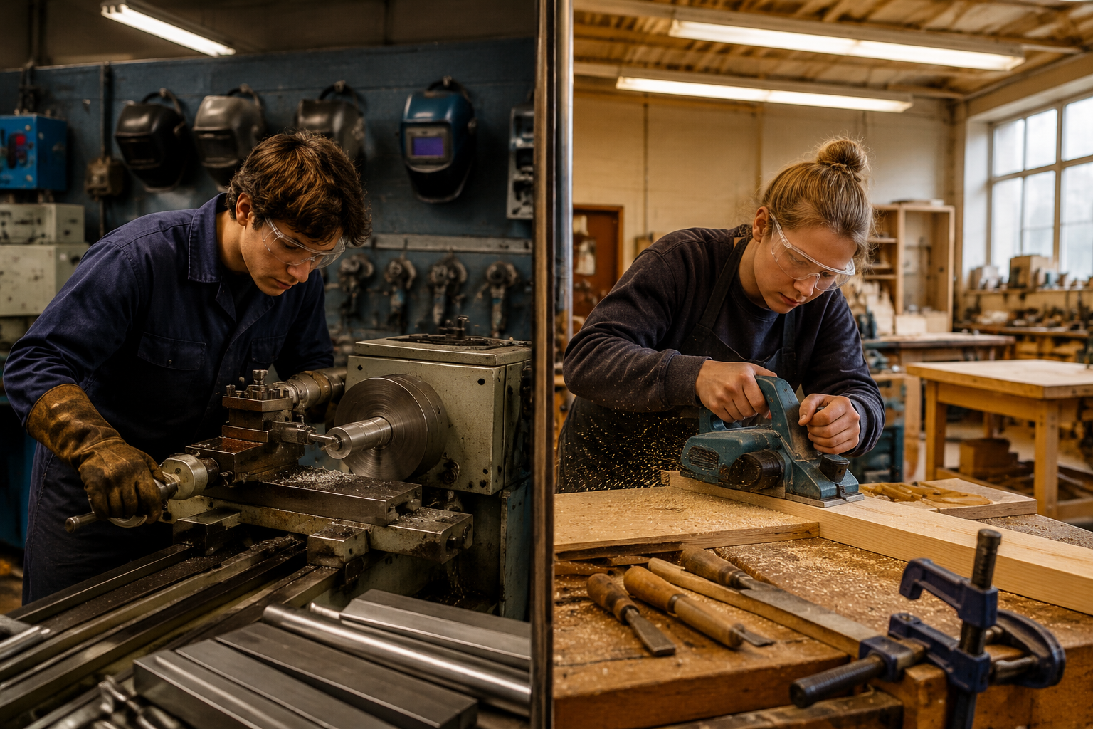Wide-angle () editorial photograph of a side-by-side comparison scene inside a vocational training facility. Left half: a