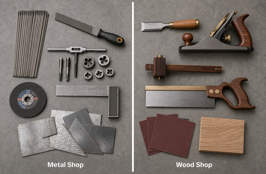 Overhead bird's-eye-view () flat-lay comparison image on a clean concrete surface. Left side: metalworking tools arranged