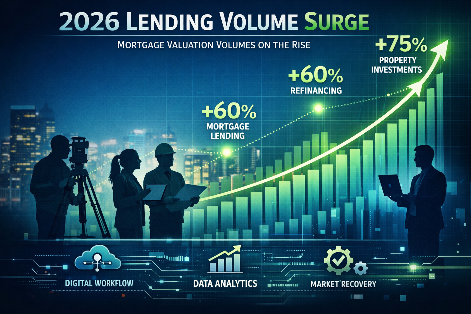 Professional editorial infographic visualizing 2026 lending volume surge dynamics, featuring a large ascending line graph