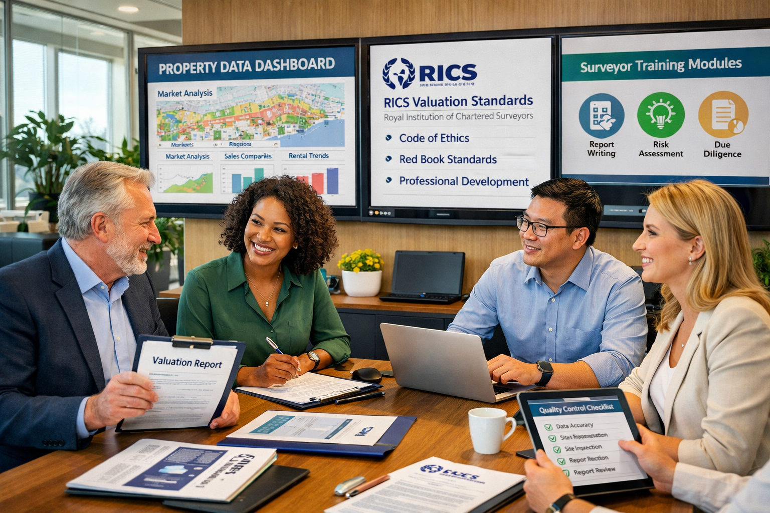 () professional photograph-style image of diverse team of surveyors in modern collaborative workspace with large