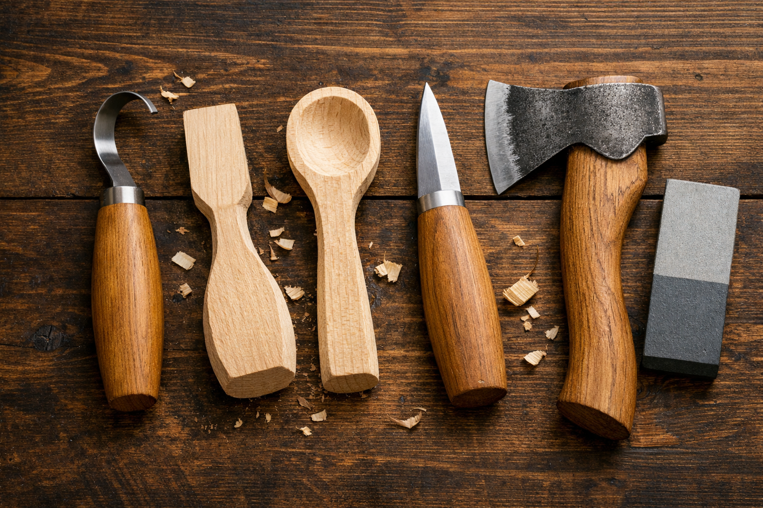 A close-up, top-down () shot of essential spoon carving hand tools meticulously arranged on a dark wood background. Featured