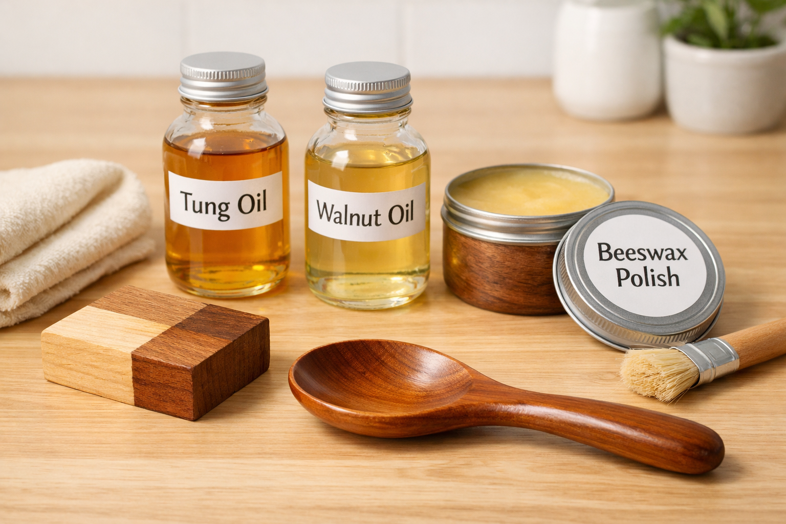 A clean and appealing () still life focusing on food-safe finishes for carved wooden utensils. The image displays small