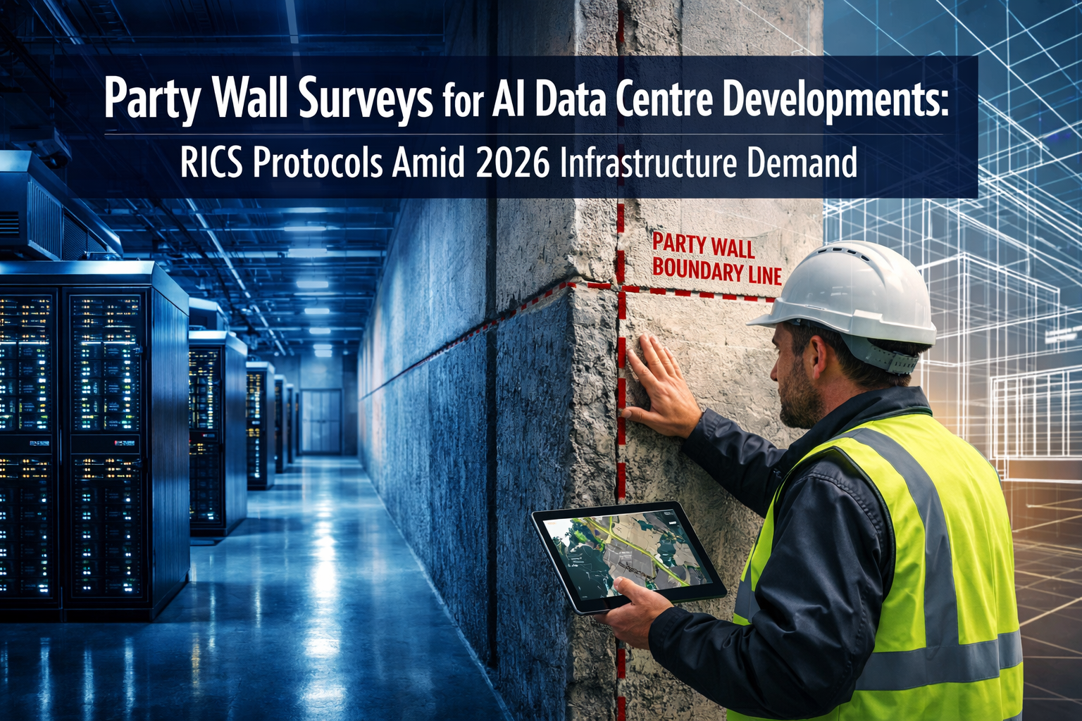 Professional () hero image featuring 'Party Wall Surveys for AI Data Centre Developments: RICS Protocols Amid 2026