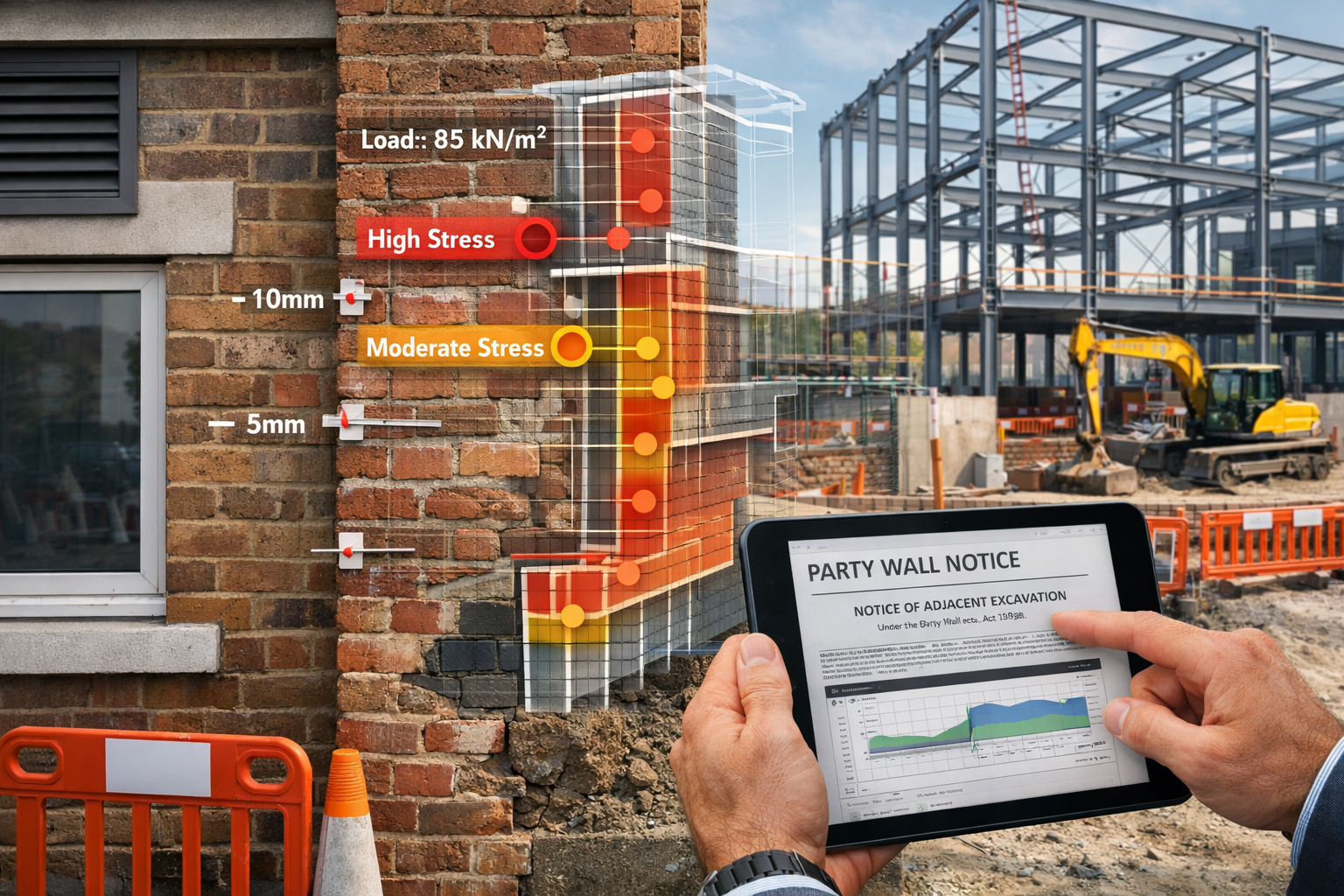 Detailed () image showing close-up view of party wall boundary dispute scenario at AI data centre construction site. Visual