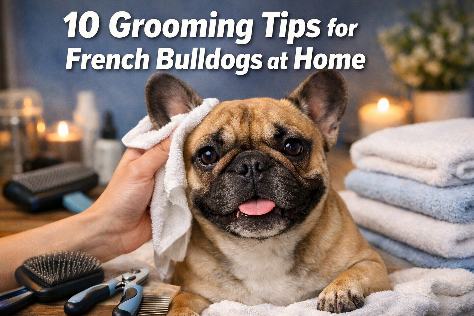 Professional landscape format (1536x1024) hero image featuring a beautiful French Bulldog being gently groomed at home, with bold text overl