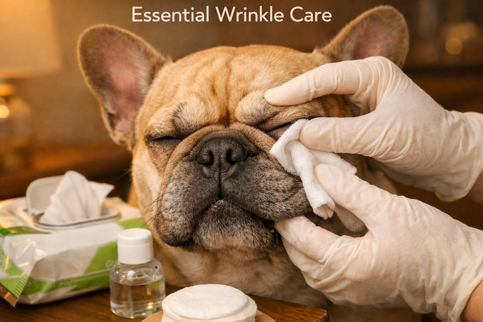 Portrait format (1024x1536) image showing close-up of French Bulldog's distinctive facial wrinkles being gently cleaned with a soft cloth, d