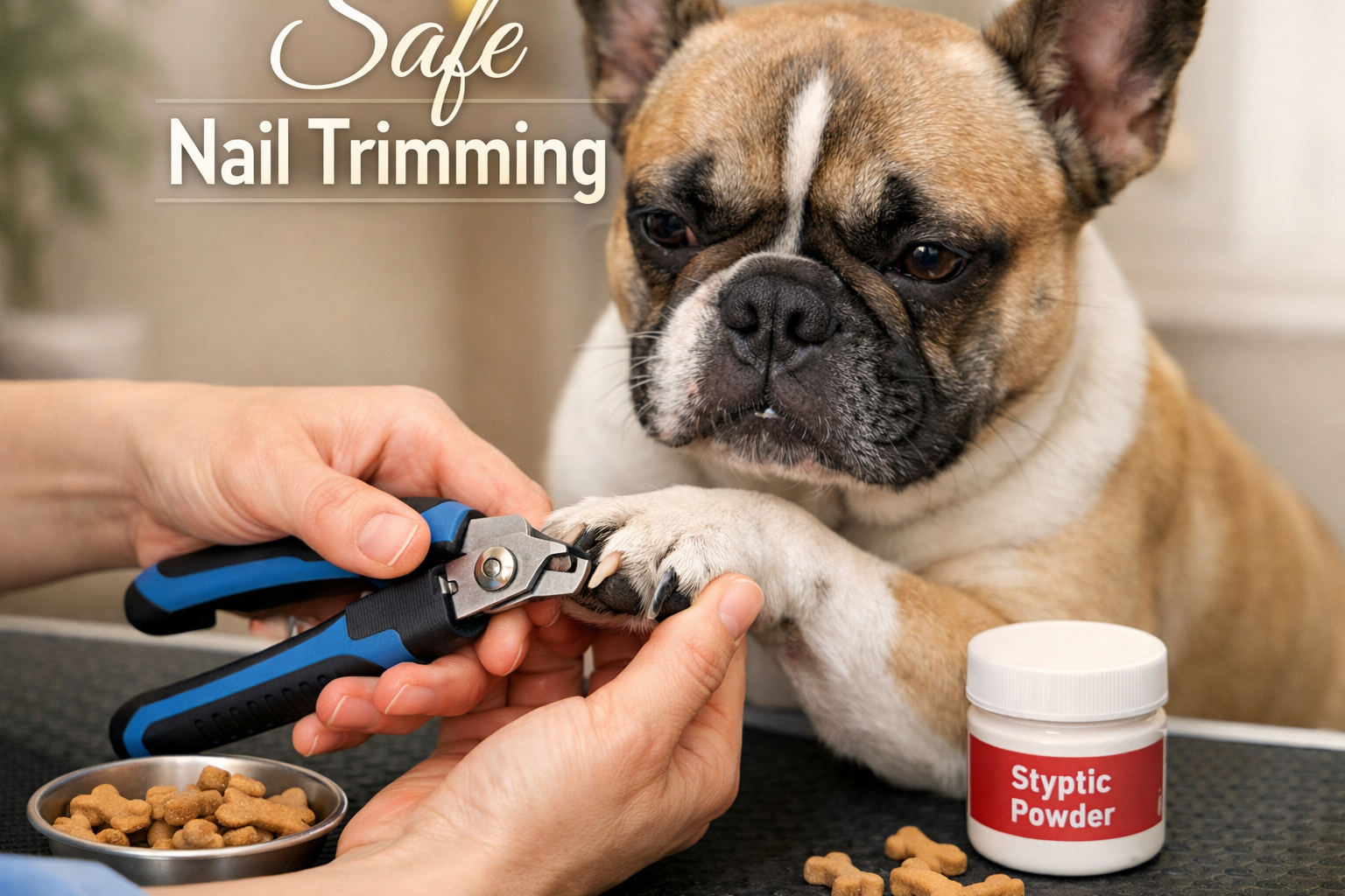Portrait format (1024x1536) image displaying French Bulldog having its nails trimmed safely at home, showing proper nail clipper positioning