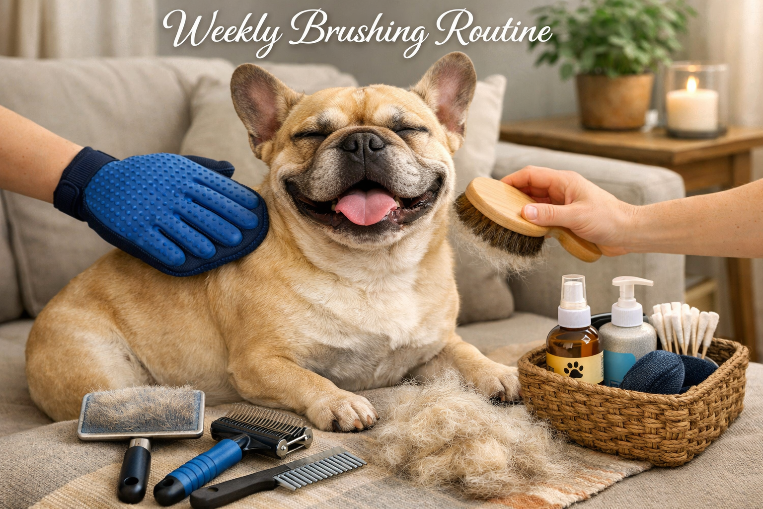 Portrait format (1024x1536) image of French Bulldog being brushed with appropriate grooming tools, showing the weekly brushing routine. Vari
