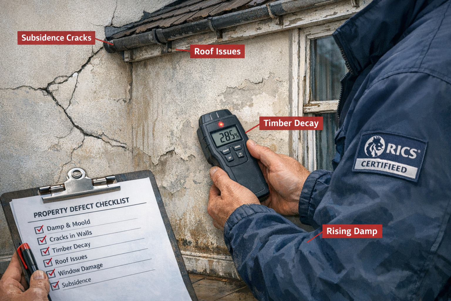 () detailed illustration showing building surveyor conducting comprehensive property defect inspection in residential