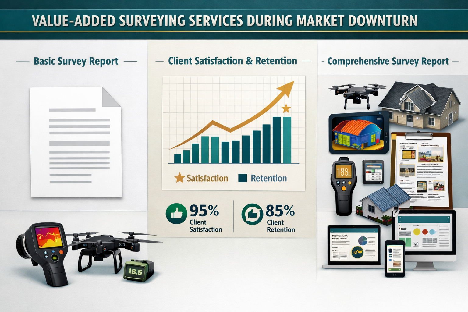 () professional infographic-style composition displaying value-added surveying services during market downturn. Split-screen