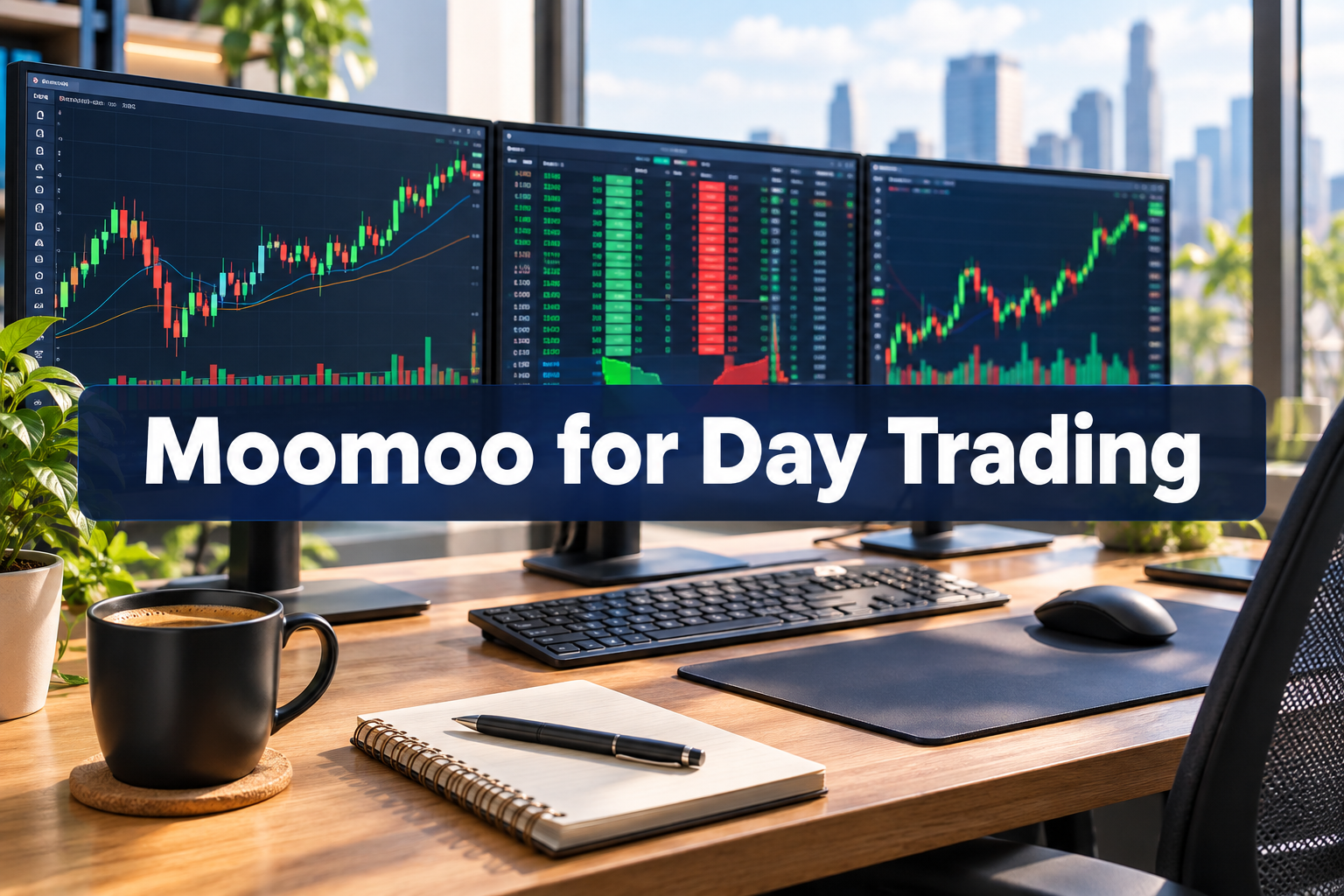 Professional () hero image with SHORT (≤42 chars): 'Moomoo for Day Trading', white on a dark navy semi-transparent panel,