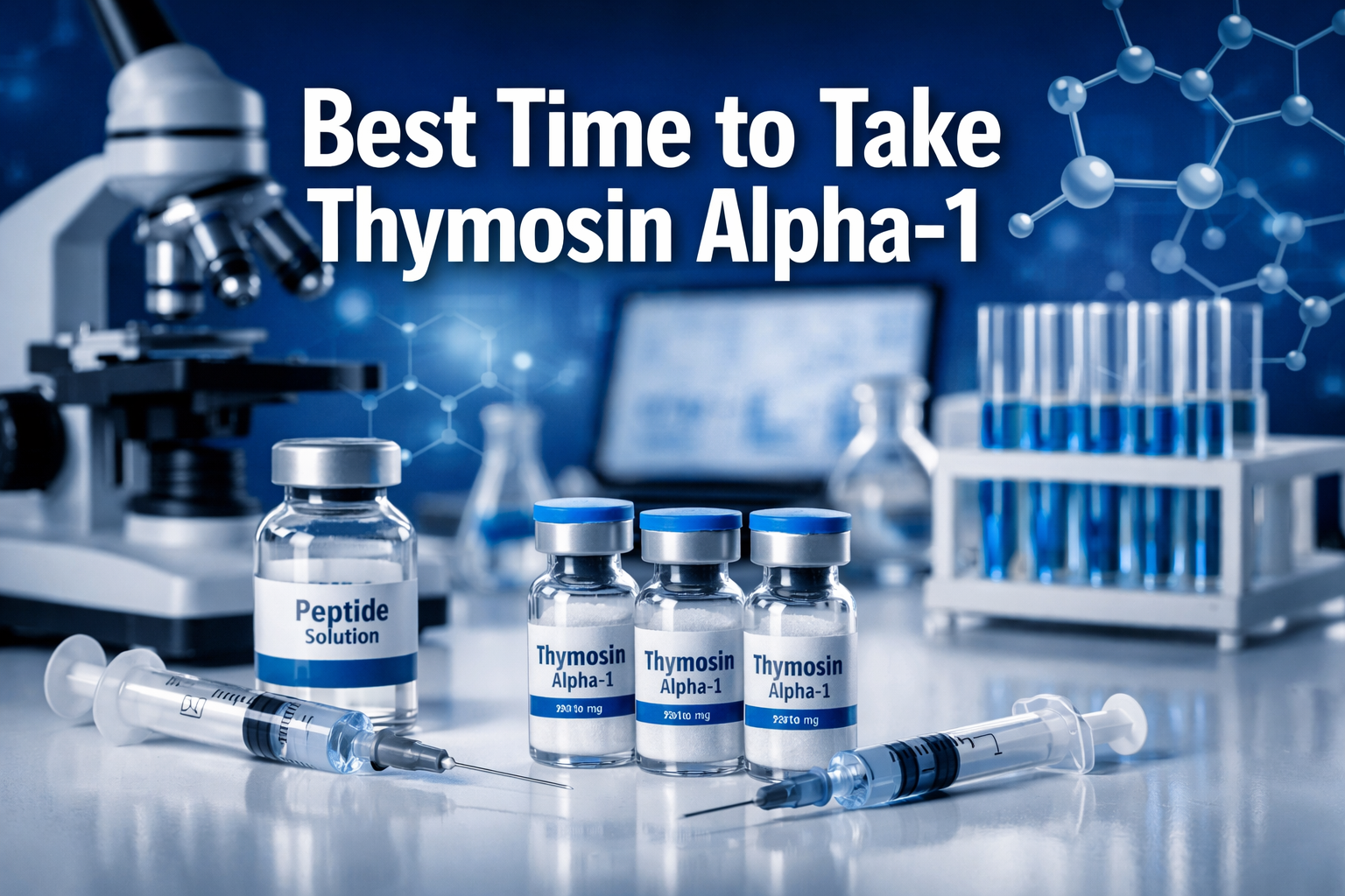 Professional landscape format (1536x1024) hero image featuring bold text overlay 'Best Time to Take Thymosin Alpha-1' in extra large 72pt wh