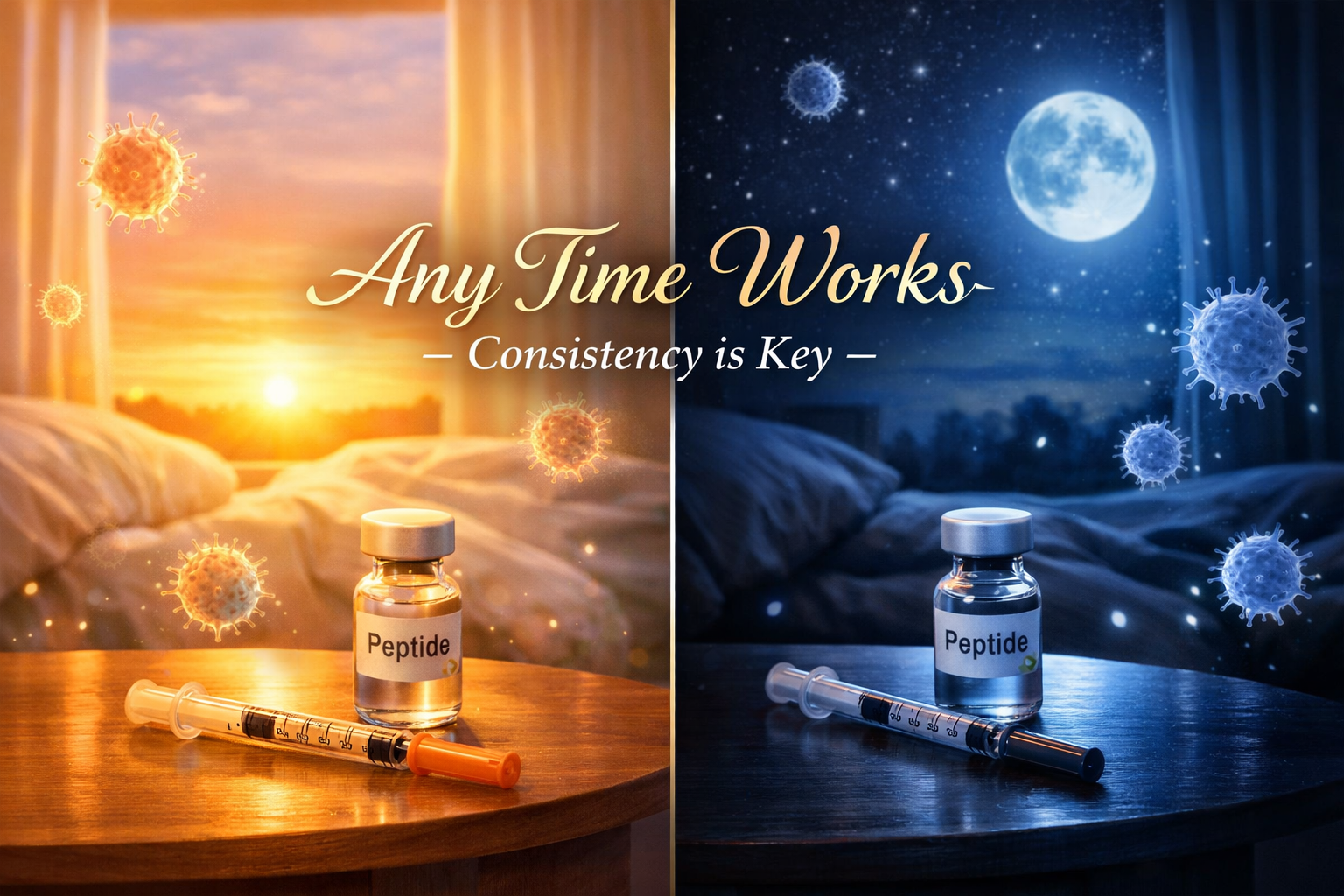 Detailed landscape format (1536x1024) image featuring a split-screen comparison showing morning and evening injection scenarios. Left side s