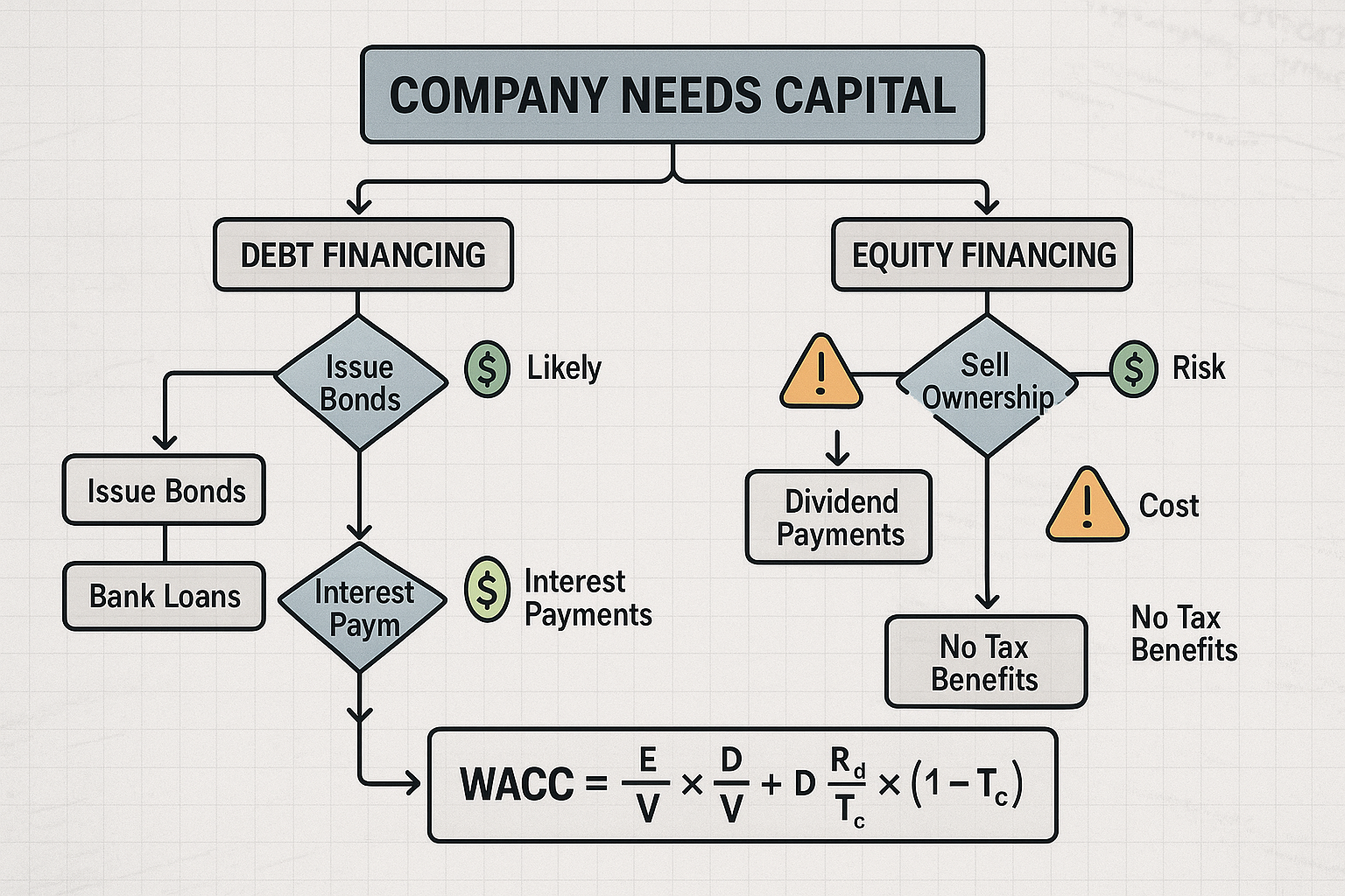 Detailed step-by-step flowchart diagram (1536x1024) illustrating how capital structure works in practice, starting from top with 'COMPANY NE