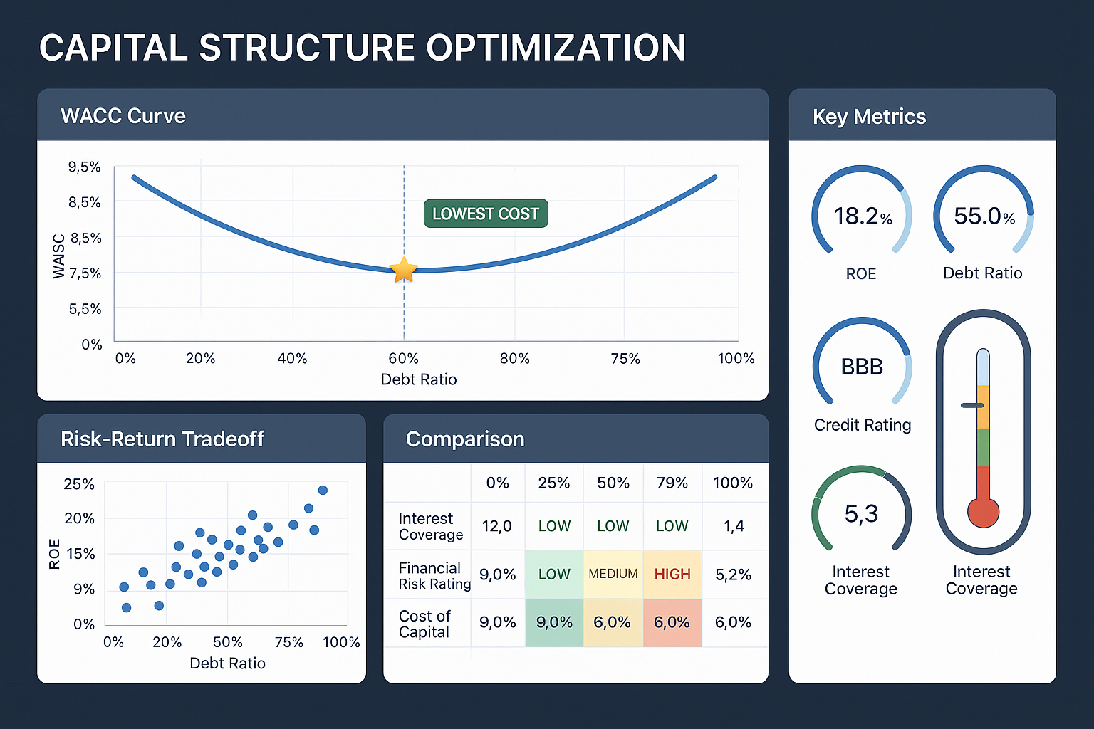 Professional financial dashboard visualization (1536x1024) showing capital structure optimization analysis with three main panels: top panel