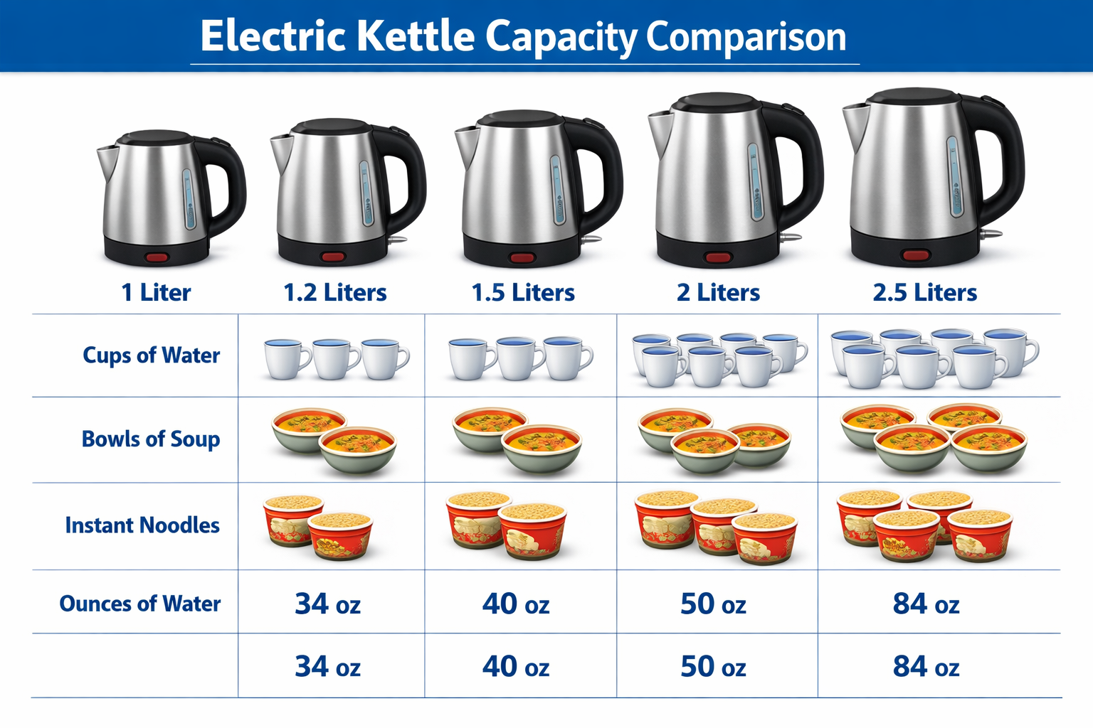 side-by-side comparison infographic showing electric kettle capacity measurements from 1 to 2.5 liters with visual size references