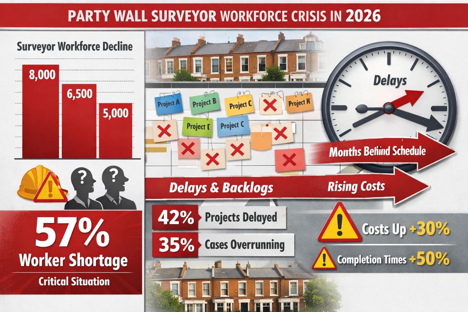 Detailed () infographic-style image showing the current state of party wall surveyor workforce crisis in 2026. Split-screen