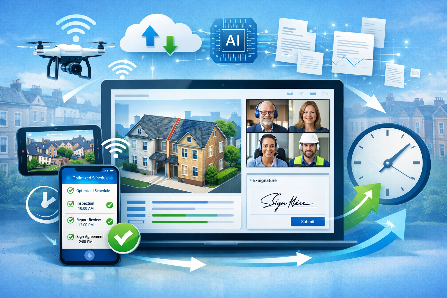 Detailed () conceptual illustration depicting modern technology solutions for party wall surveying delays. Central focus: