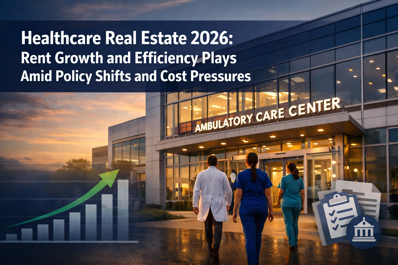 Professional landscape format (1536x1024) hero image with bold text overlay 'Healthcare Real Estate 2026: Rent Growth and Efficiency Plays A