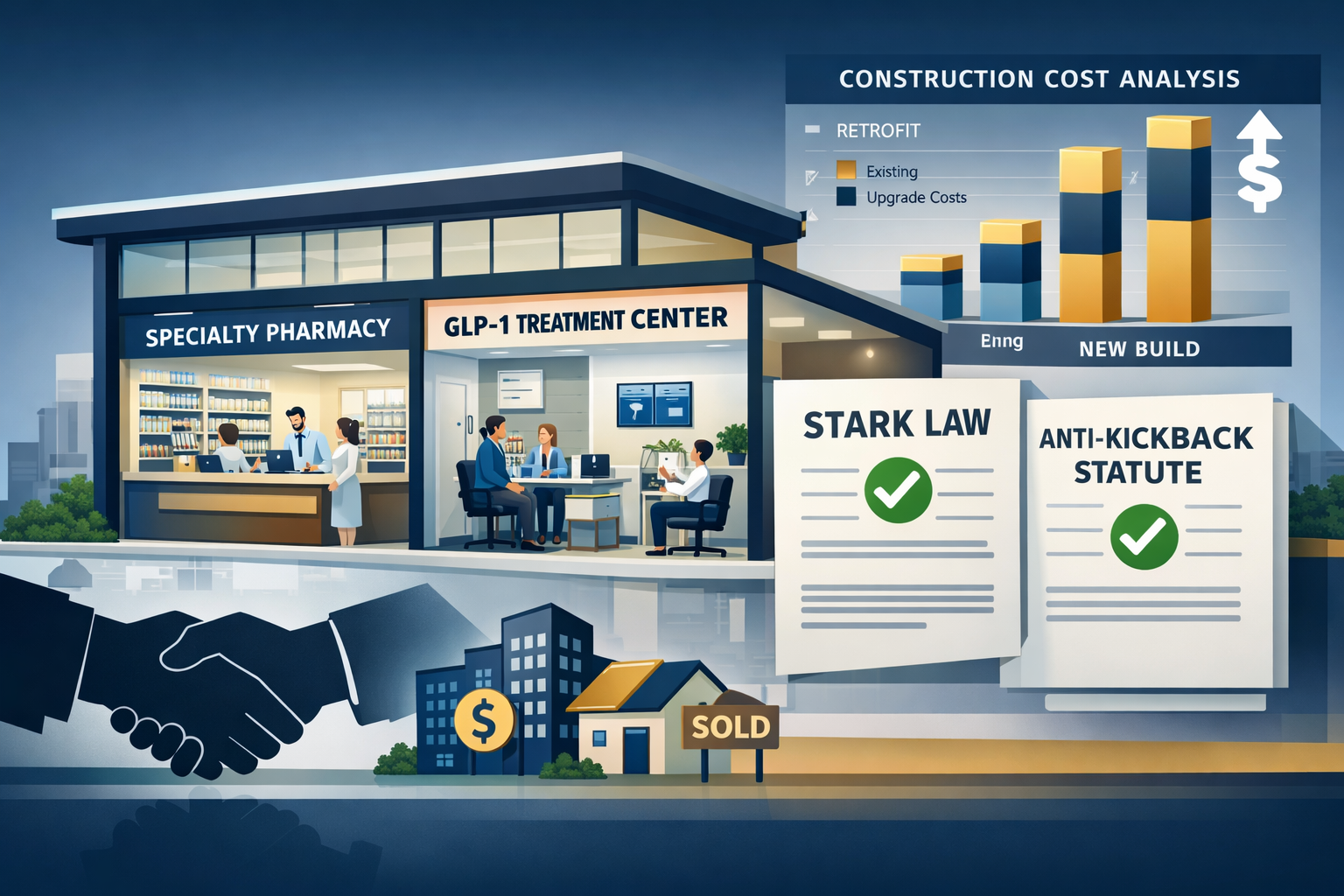 Landscape format (1536x1024) strategic investment visualization featuring modern medical office building cross-section showing specialty pha