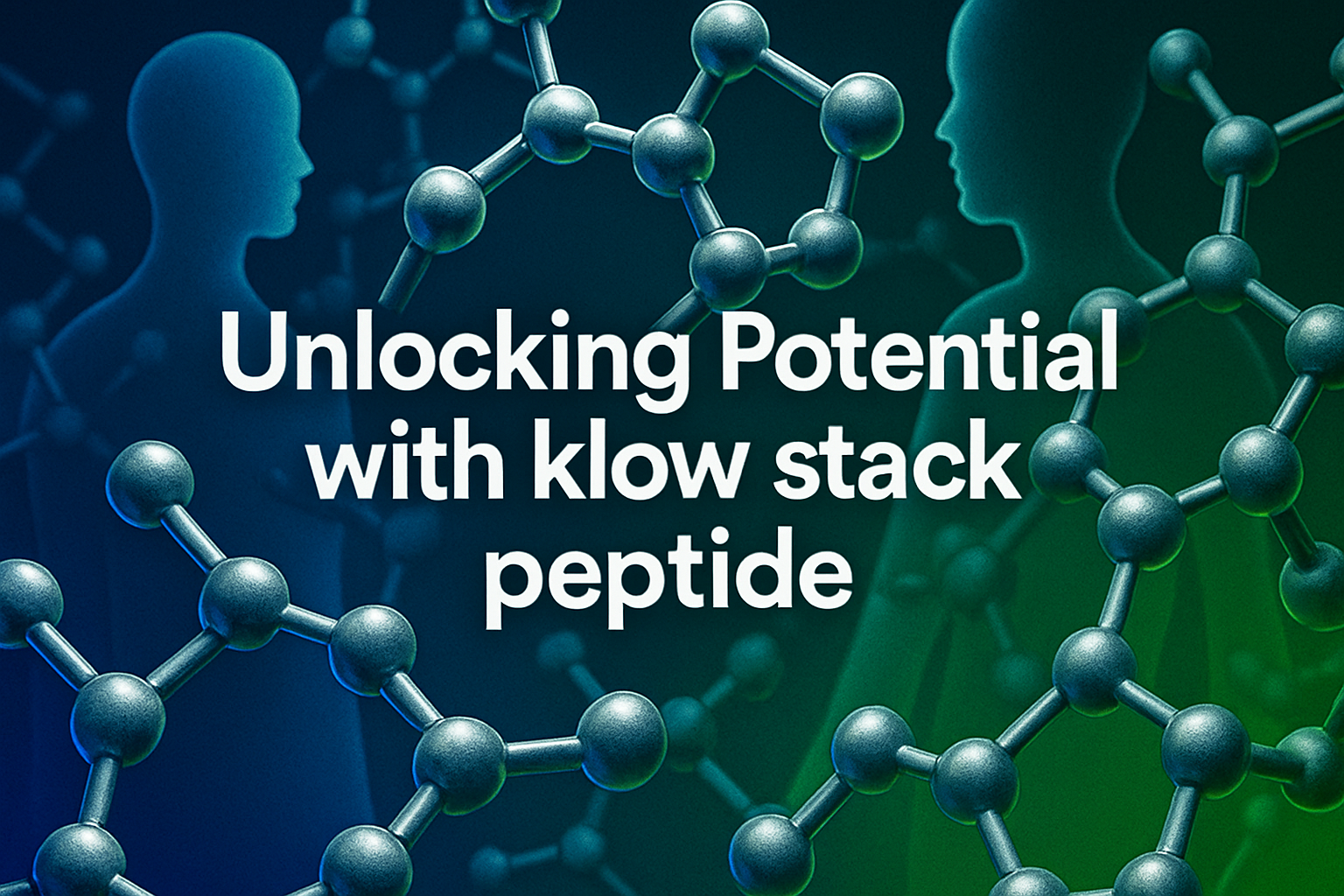 Professional landscape hero image (1536x1024) featuring bold text overlay: 'Unlocking Potential with klow stack peptide', modern sans-serif