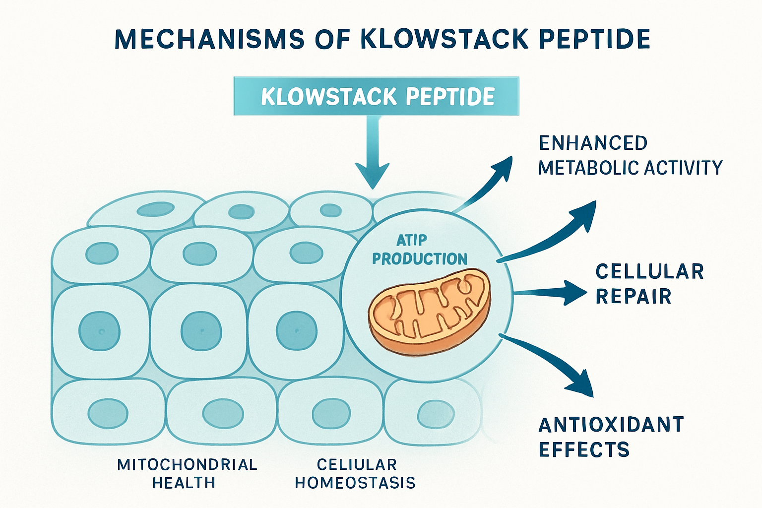 A detailed infographic illustrating the conceptual mechanisms of the klow stack peptide within cellular pathways. The image should feature a