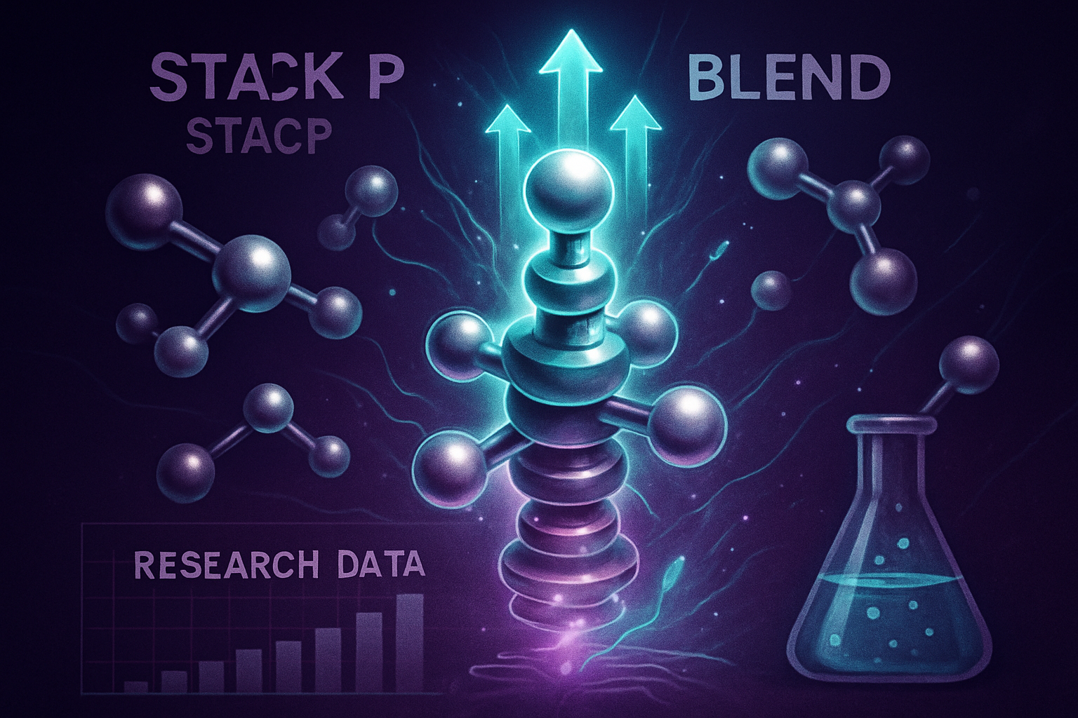 A dynamic visual representing the synergistic effects of a klow stack peptide blend, depicting various peptide molecules (abstractly rendere