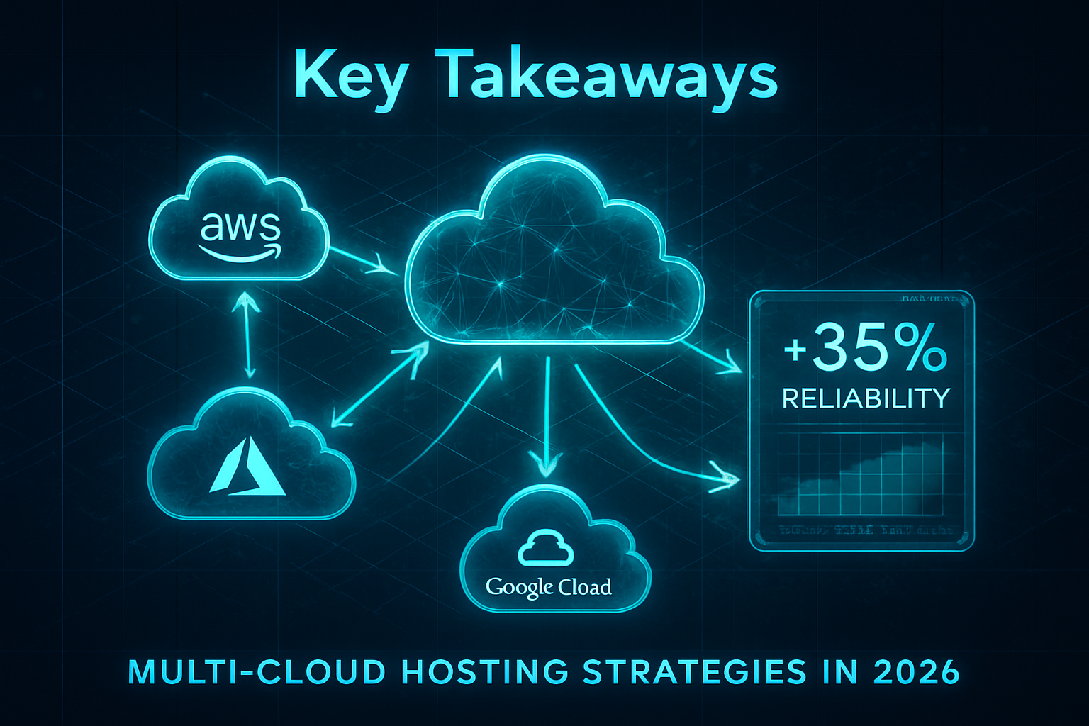 Conceptual infographic visualizing 'Key Takeaways' for Multi-Cloud Hosting Strategies in 2026, featuring a central network map with intercon