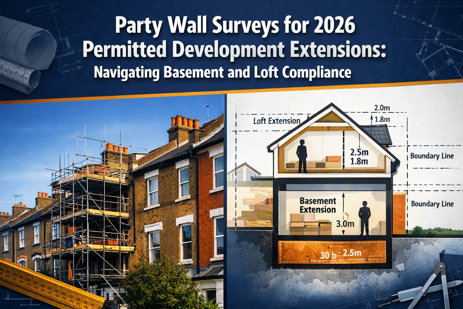 Professional () hero image with 'Party Wall Surveys for 2026 Permitted Development Extensions: Navigating Basement and Loft