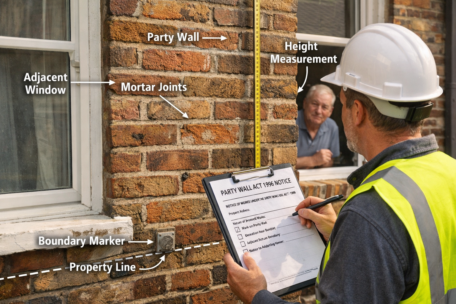 Detailed () image showing professional surveyor in hard hat and high-visibility vest examining shared party wall between two