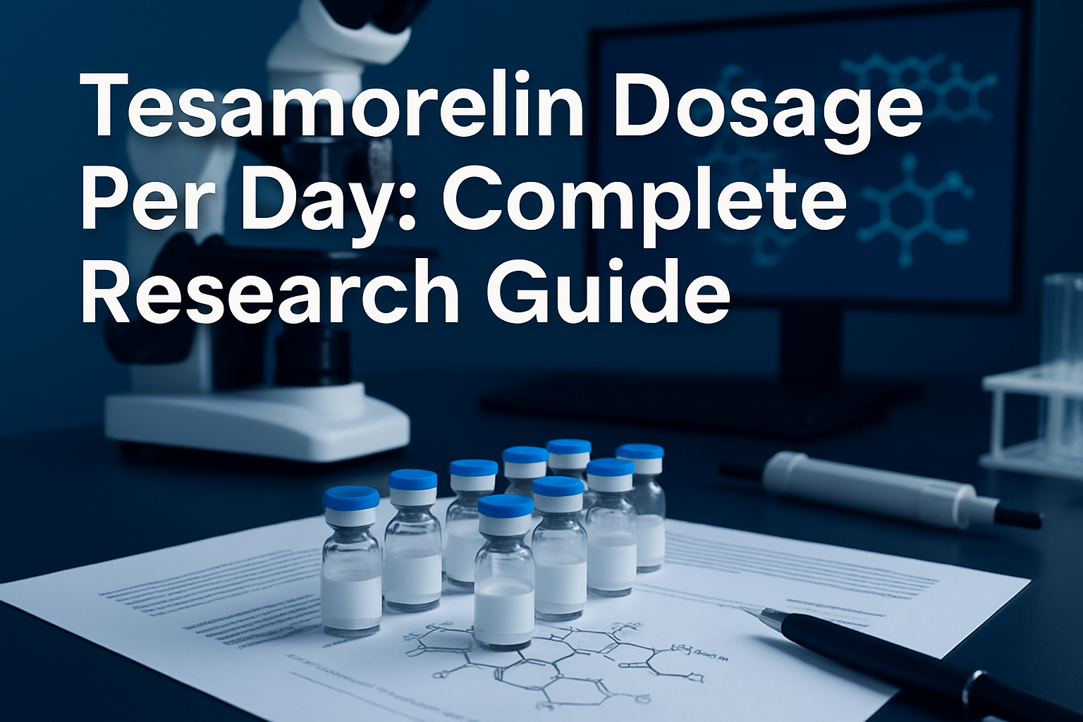 Professional landscape hero image (1536x1024) with bold text overlay 'Tesamorelin Dosage Per Day: Complete Research Guide' in extra large 72
