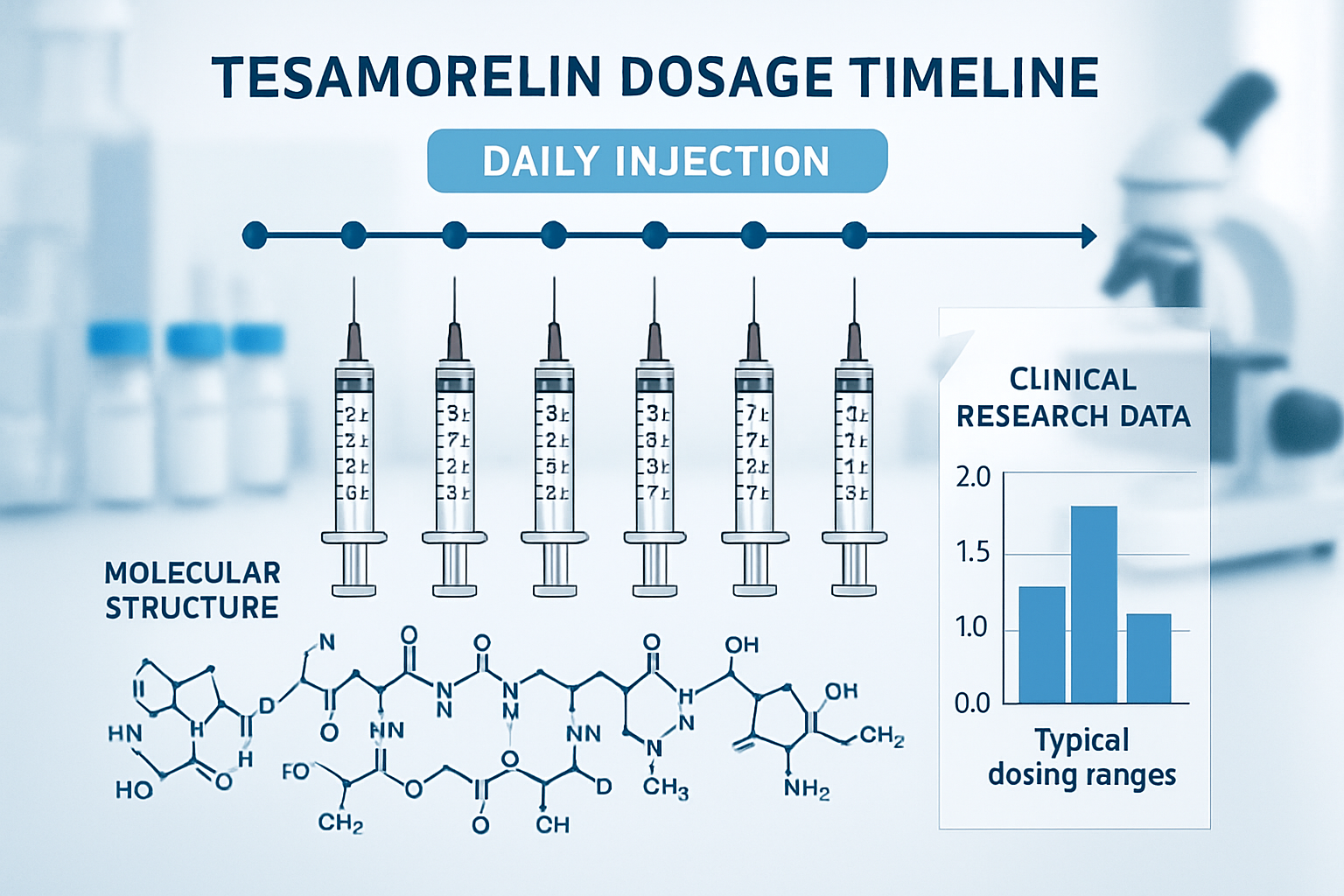 Scientific infographic showing tesa dosage timeline with daily injection schedule, molecular structure diagram, measurement syringes 
