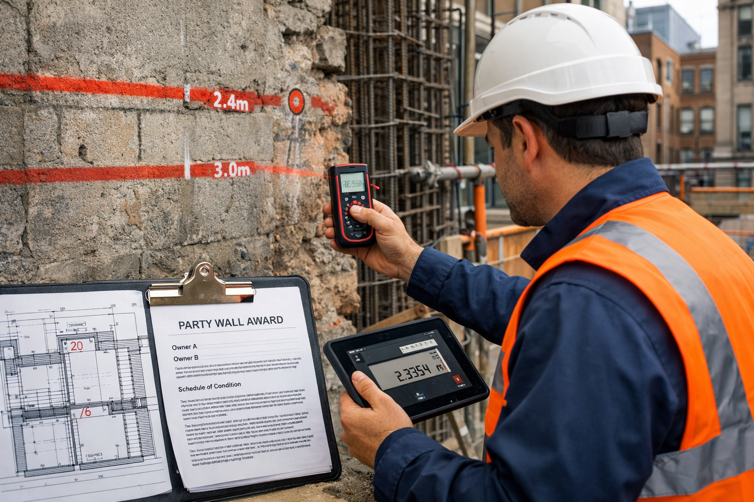 Detailed () image showing professional surveyor in hard hat and high-visibility vest conducting detailed inspection at party