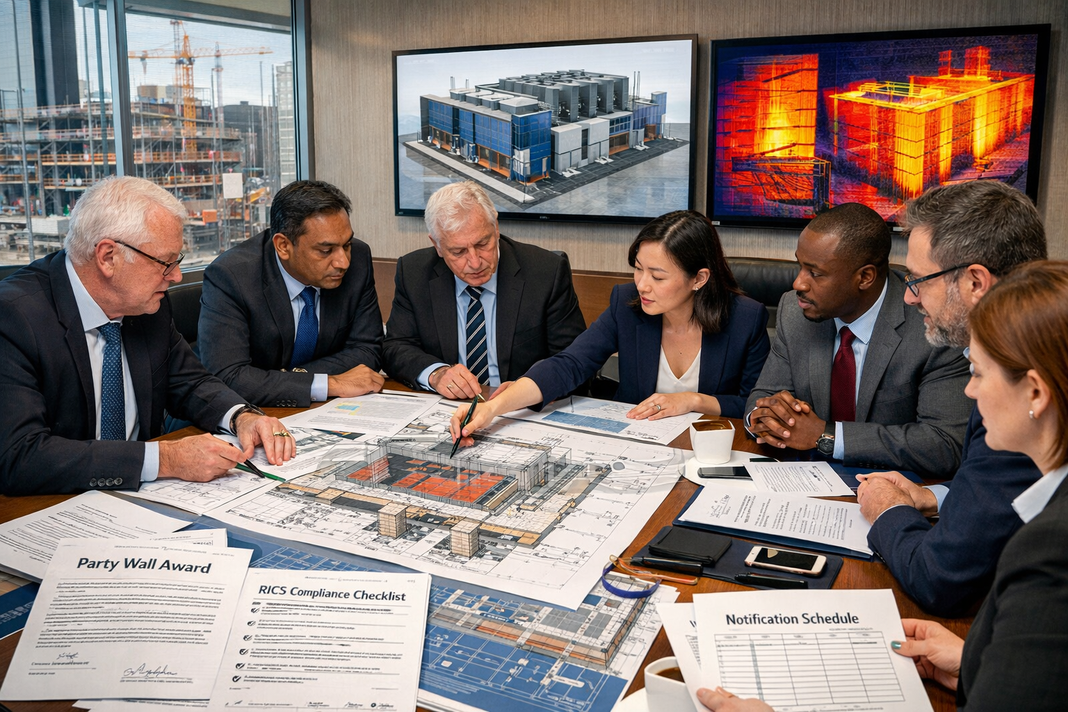 Detailed () image depicting high-stakes commercial meeting room scene with multiple party wall surveyors, building owners,