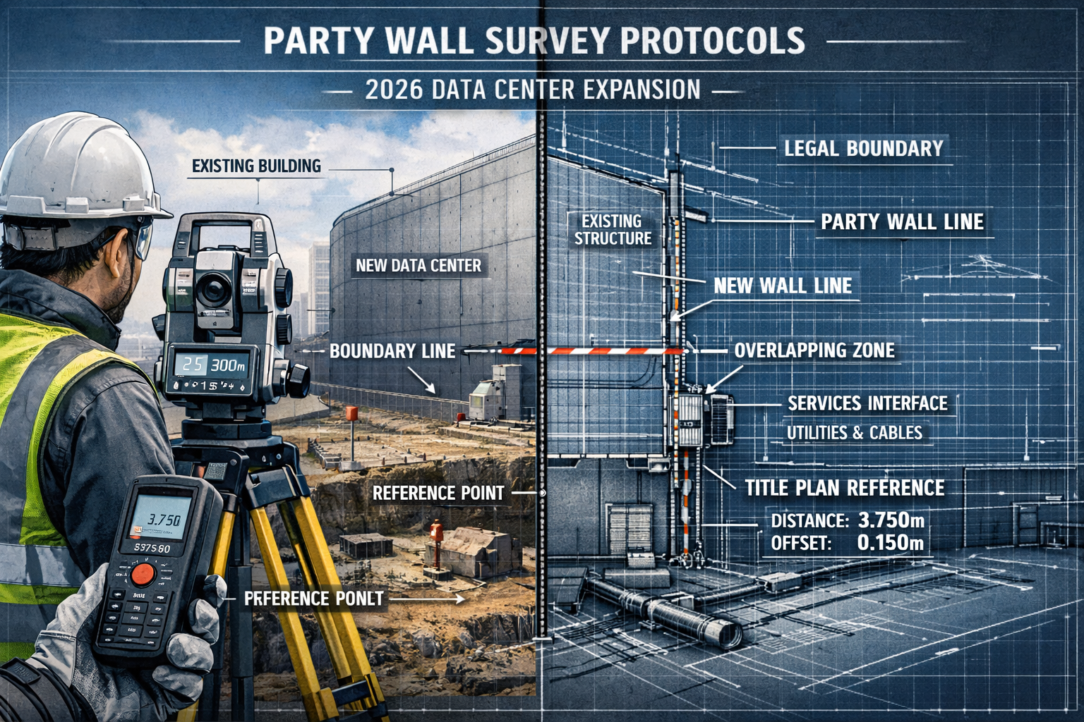 Detailed architectural visualization showing complex party wall survey protocols for 2026 data center expansion, featuring