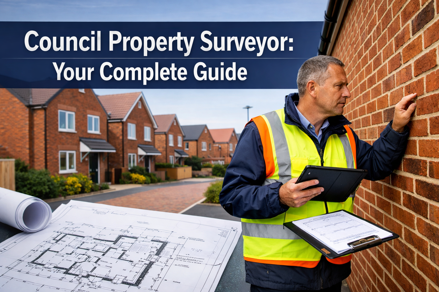 Professional landscape hero image (1536x1024) featuring bold text overlay 'Council Property Surveyor: Your Complete Guide' in extra large 72