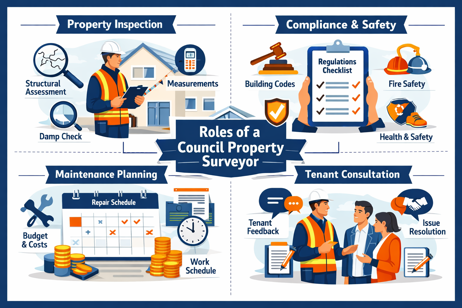 Detailed landscape infographic (1536x1024) showing the roles and responsibilities of council property surveyors with four distinct quadrants
