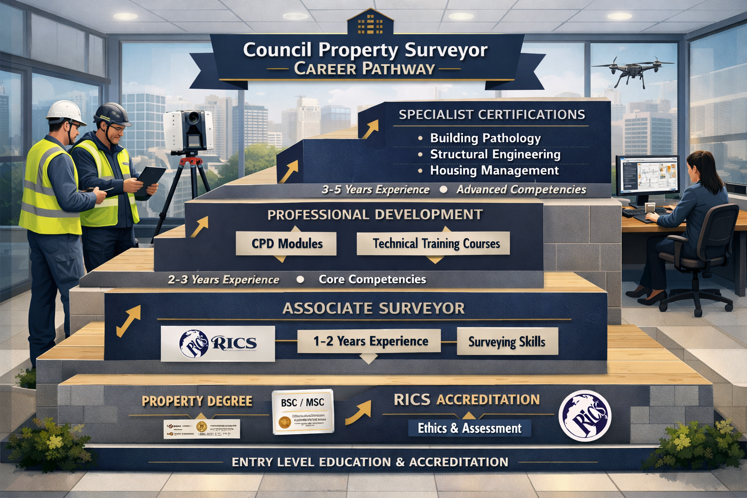 Comprehensive landscape visual (1536x1024) depicting the council property surveyor qualifications and career pathway as an ascending stairca