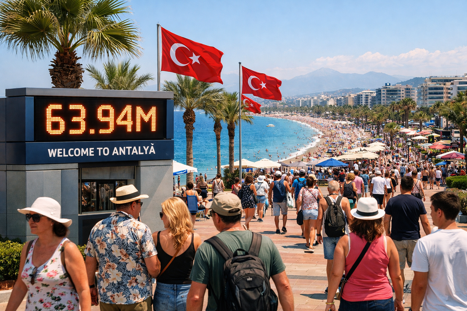() editorial photograph showing a bustling Antalya beachfront promenade at midday with diverse international tourists