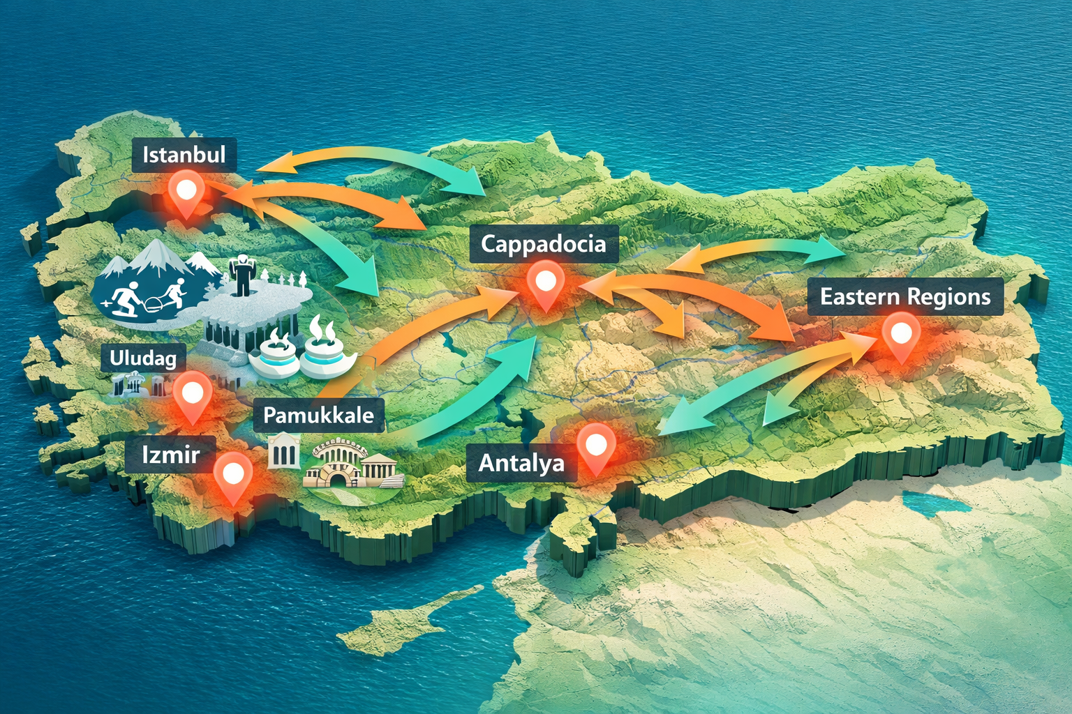() conceptual infographic-style editorial image showing a stylized map of Turkey from above with glowing hotspot markers on