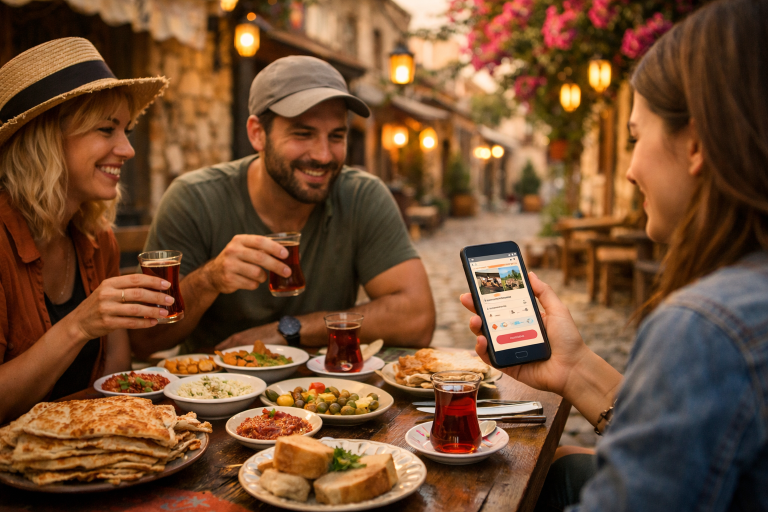 () warm editorial photograph of a small group of travelers sitting at an outdoor Turkish caf&eacute; in a cobblestone side street,
