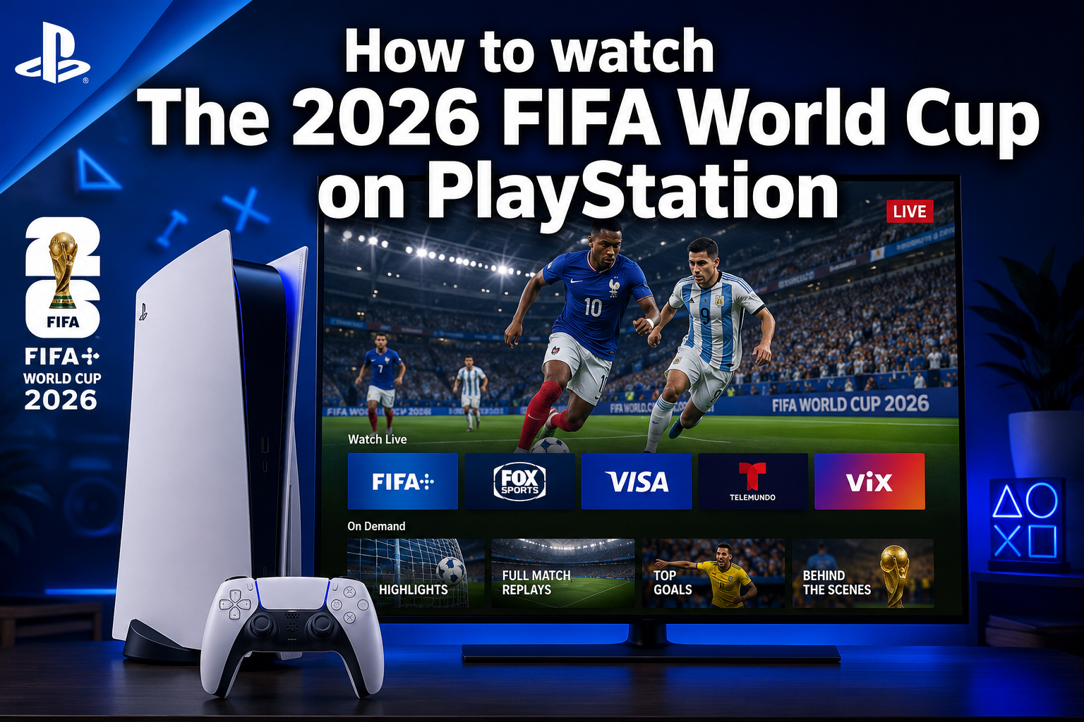 Professional () hero image featuring 'How to watch The 2026 FIFA World Cup on PlayStation' in extra large white with dark ,