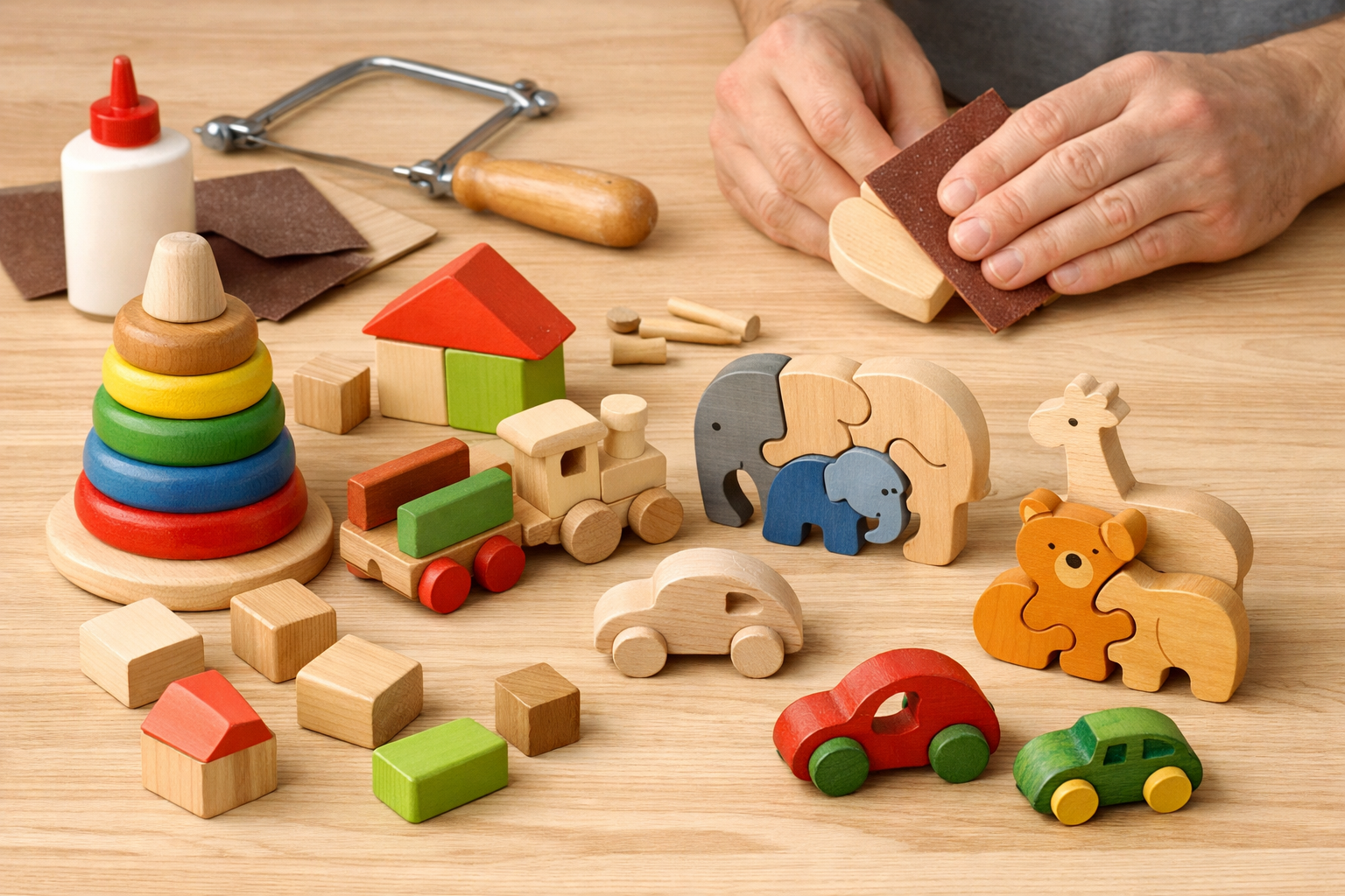 A detailed landscape image () showcasing a variety of simple wooden toys, such as stacking blocks, push-along cars, and