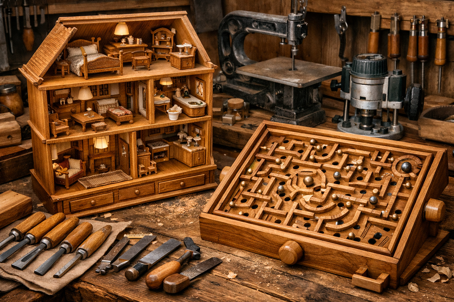 A detailed landscape image () focusing on an intricate wooden dollhouse and a complex wooden labyrinth game, displayed on a