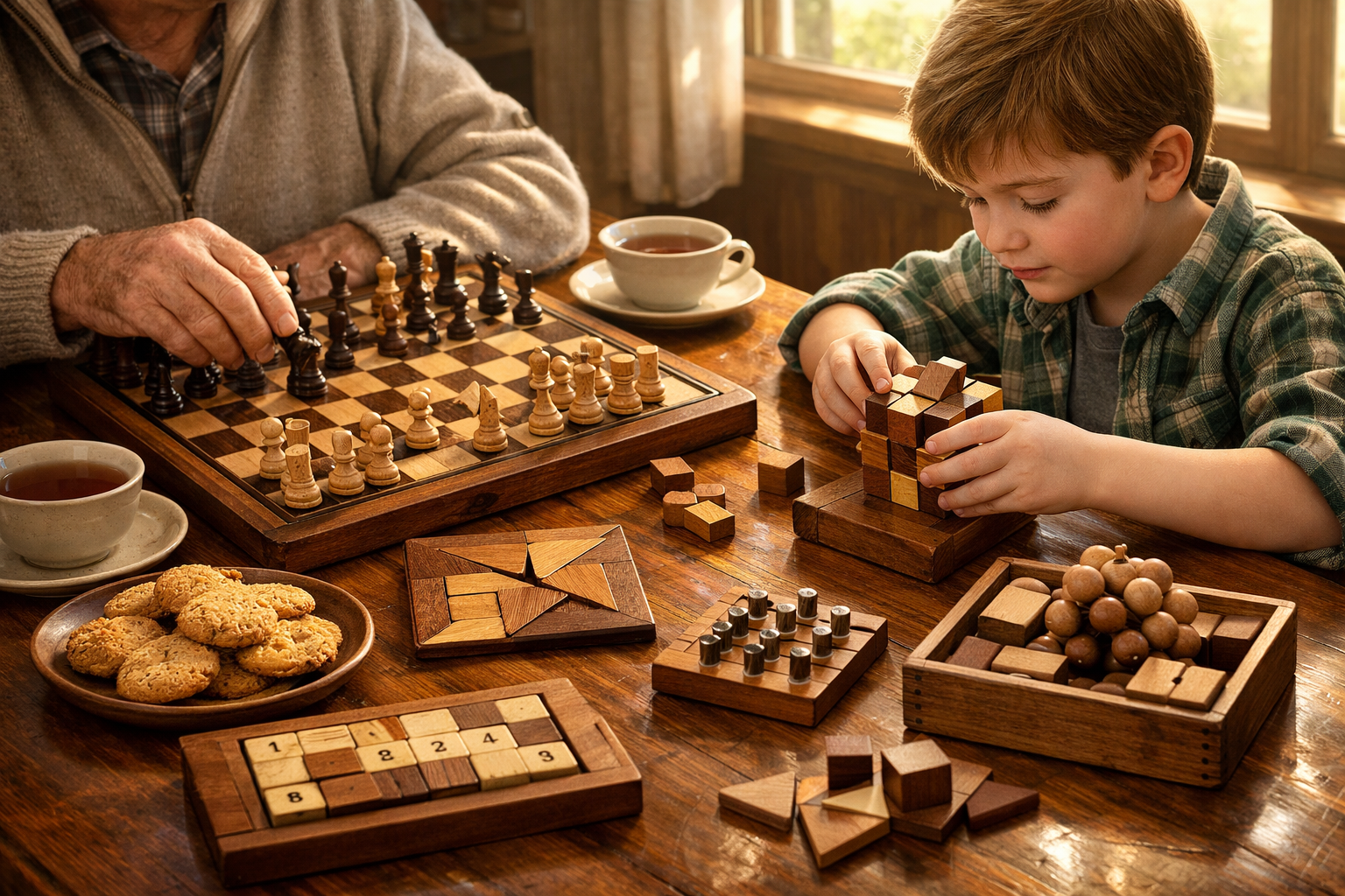 A detailed landscape image () capturing a multi-generational group (an adult and a child) engaged in playing with a
