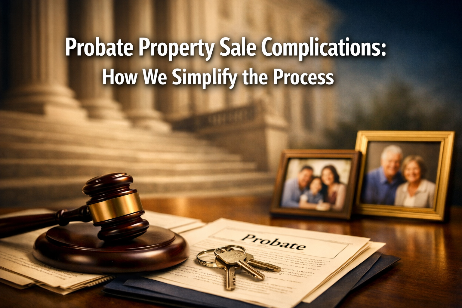 Professional landscape format (1536x1024) hero image featuring bold text overlay 'Probate Property Sale Complications: How We Simplify the P